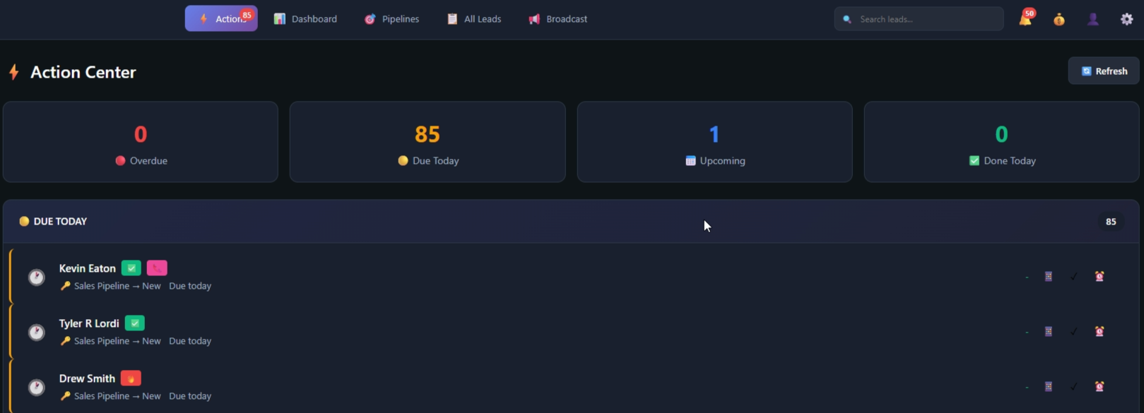Action Center dashboard with due today tasks
