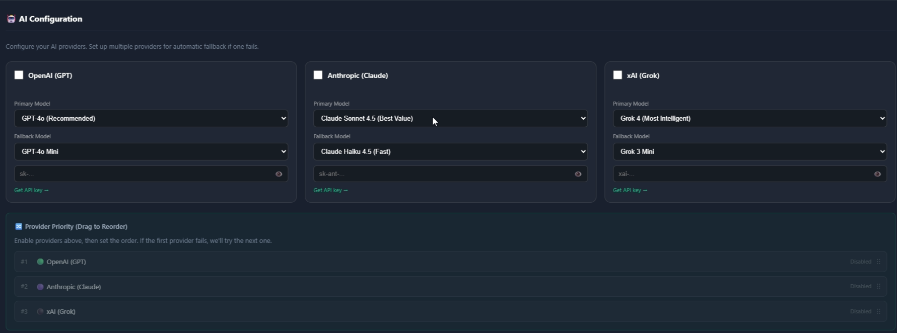 AI provider configuration with GPT, Claude, and Grok