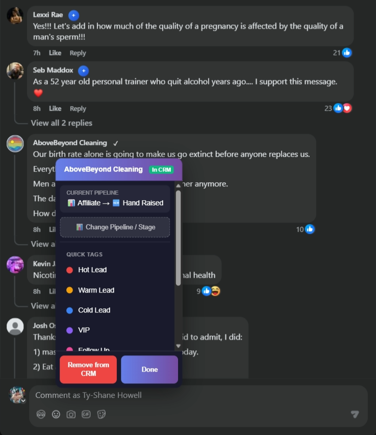 Click any lead popup with tags and pipeline options