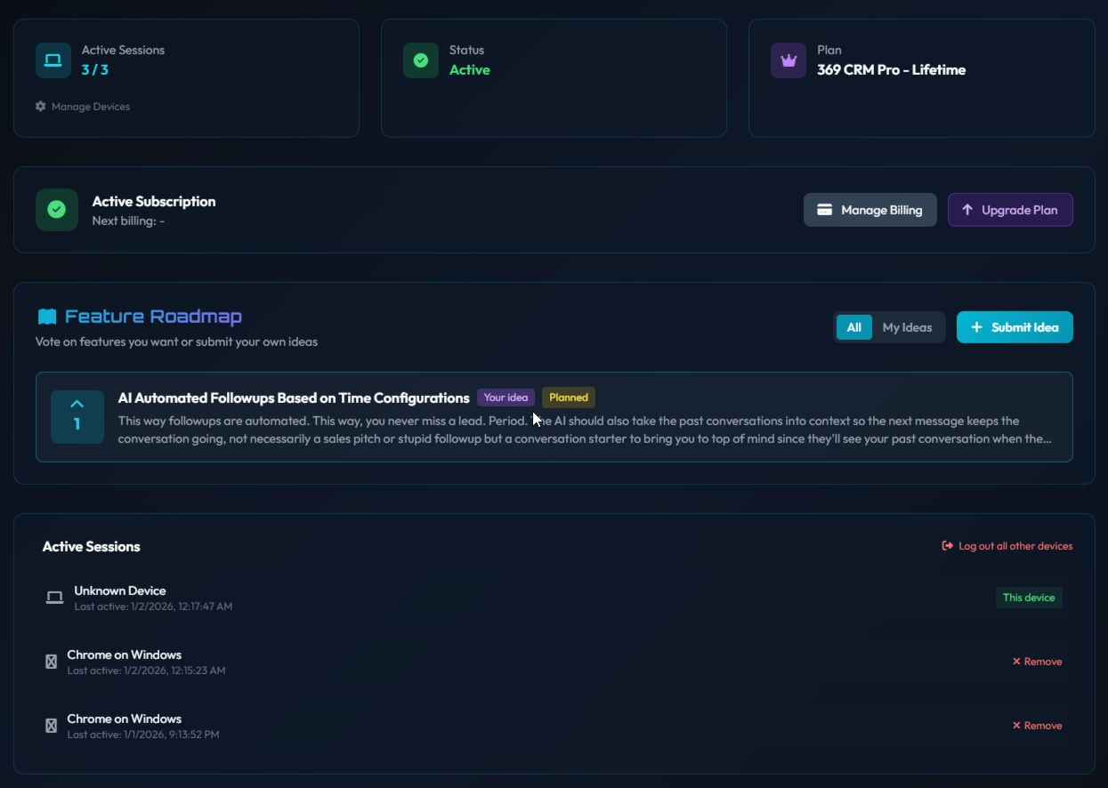 User dashboard with sessions and feature roadmap