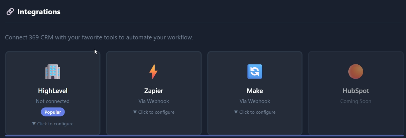 Integrations panel with HighLevel, Zapier, Make
