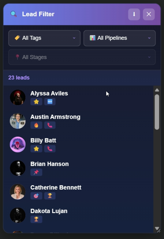 Lead Filter panel with tags and pipeline filters